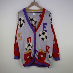 Vintage 90s Lisa Nichols Soccer Novelty Knit Cardigan Large Kitschy Sporty